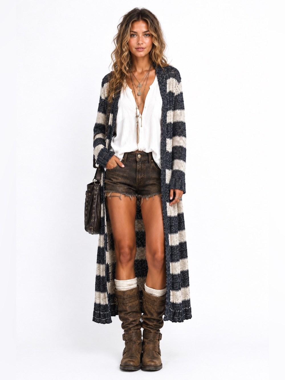 NWT – Free People – Free Spirit Stripe Cardigan Duster Navy Ivory Open – Sz. M